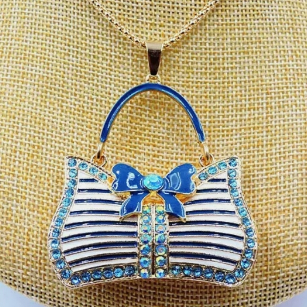 New-Blue Crystal, Bowknot,Handbag Pendant Necklace - Picture 3 of 4